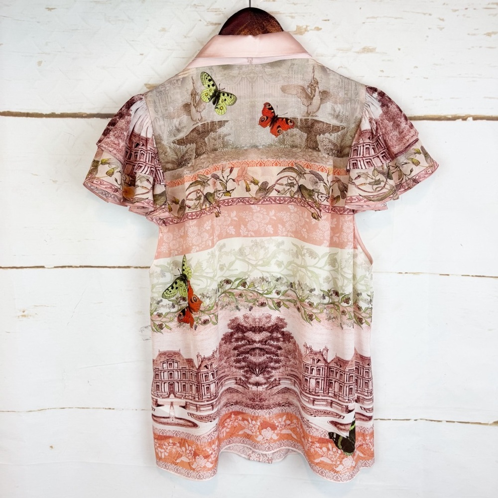 alice + olivia | Pink Versailles Minda Ruffle Tiered Short Sleeve Tie Top, M - Picture 11 of 16